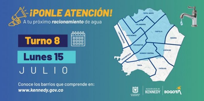 ¡Ojo! Estos son los barrios de Kennedy que tendrán racionamiento este lunes 15 de julio
