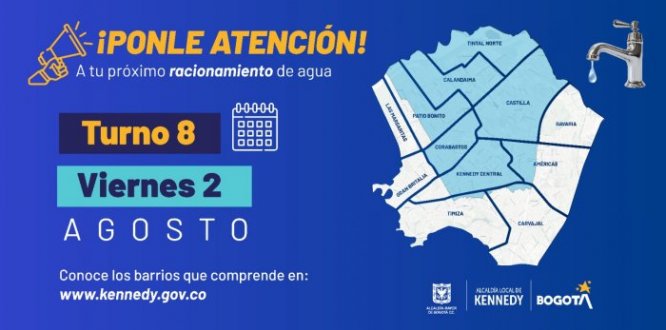 ¡Atención! Estos son los barrios de Kennedy que tendrán racionamiento este viernes 2 de agosto