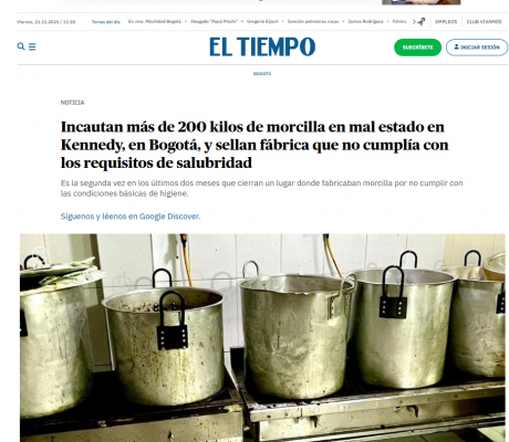 Incautan más de 200 kilos de morcilla en mal estado en Kennedy, en Bogotá, y sellan fábrica que no cumplía con los requisitos de salubridad.